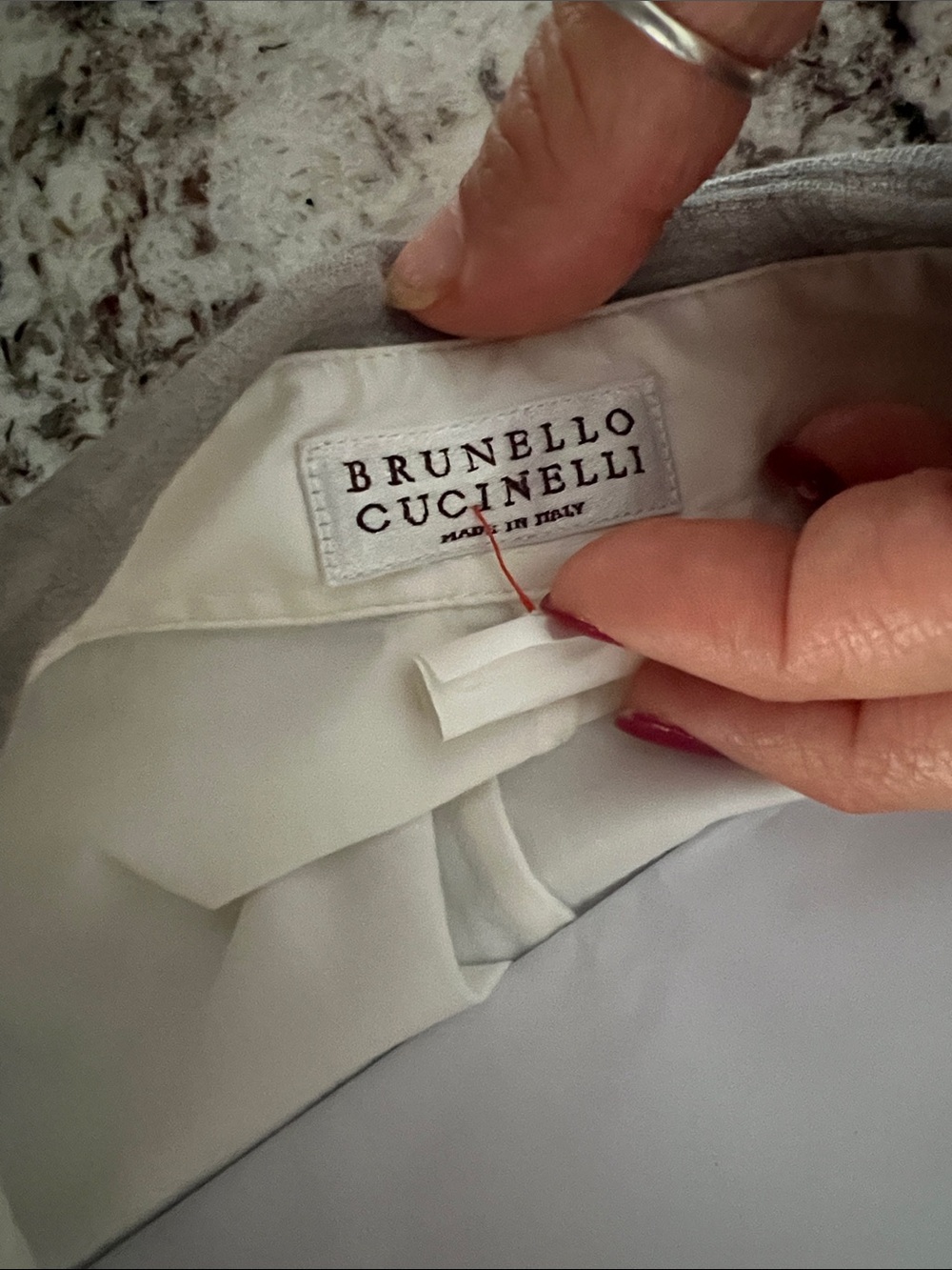 Brunello Cucinelli White Twist-Front Asymmetrical Dress with Gray Collar - Picture 2 of 6